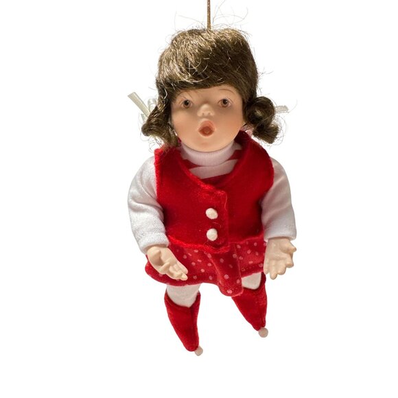 Vintage Porcelain Doll Ornament With Red Polka Dot Dress & White Tights - Picture 1 of 9